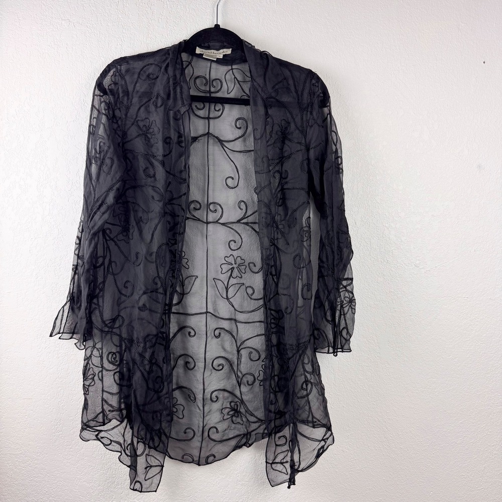 David Brooks Black 100% Silk Sheer Embroidered Floral Duster Cardigan Small